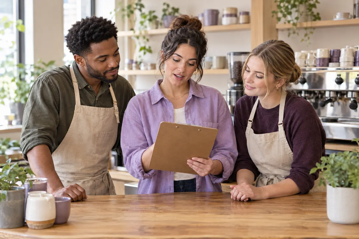 A cafe supervisor reviewing a clipboard with two teammates before service.