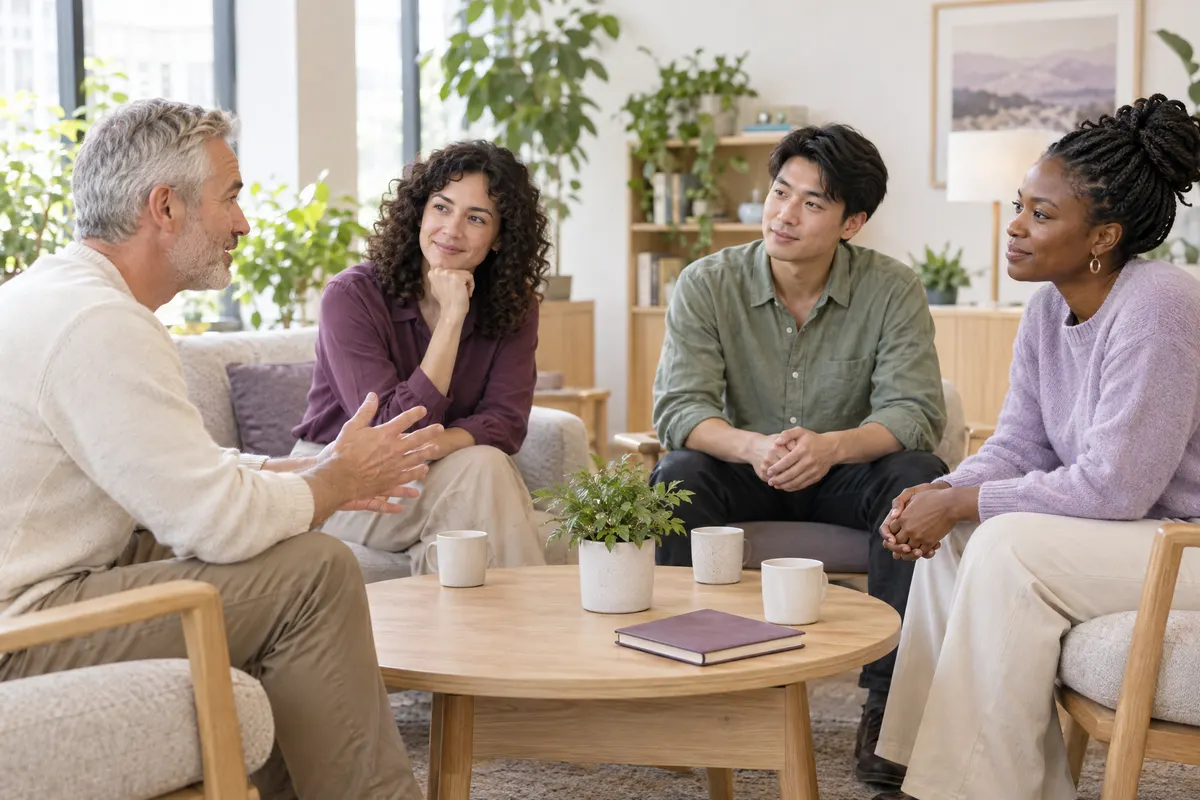Four colleagues listening to each other during a relaxed team discussion.