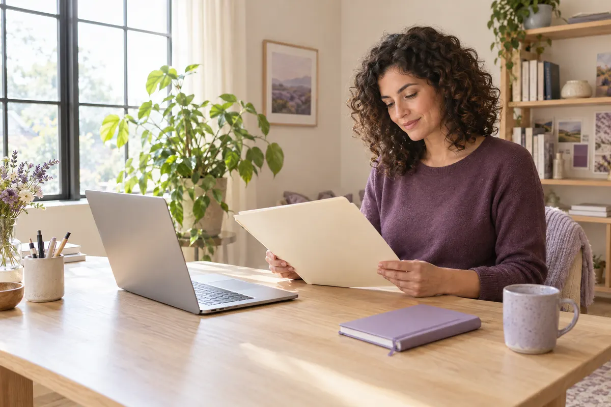 A freelancer reviewing a plain folder beside her laptop in a bright home studio.