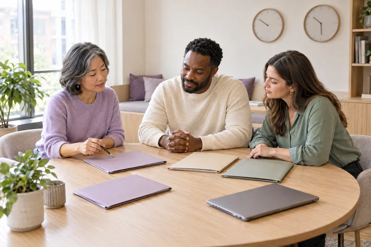 Three colleagues discussing folders around an office meeting table.