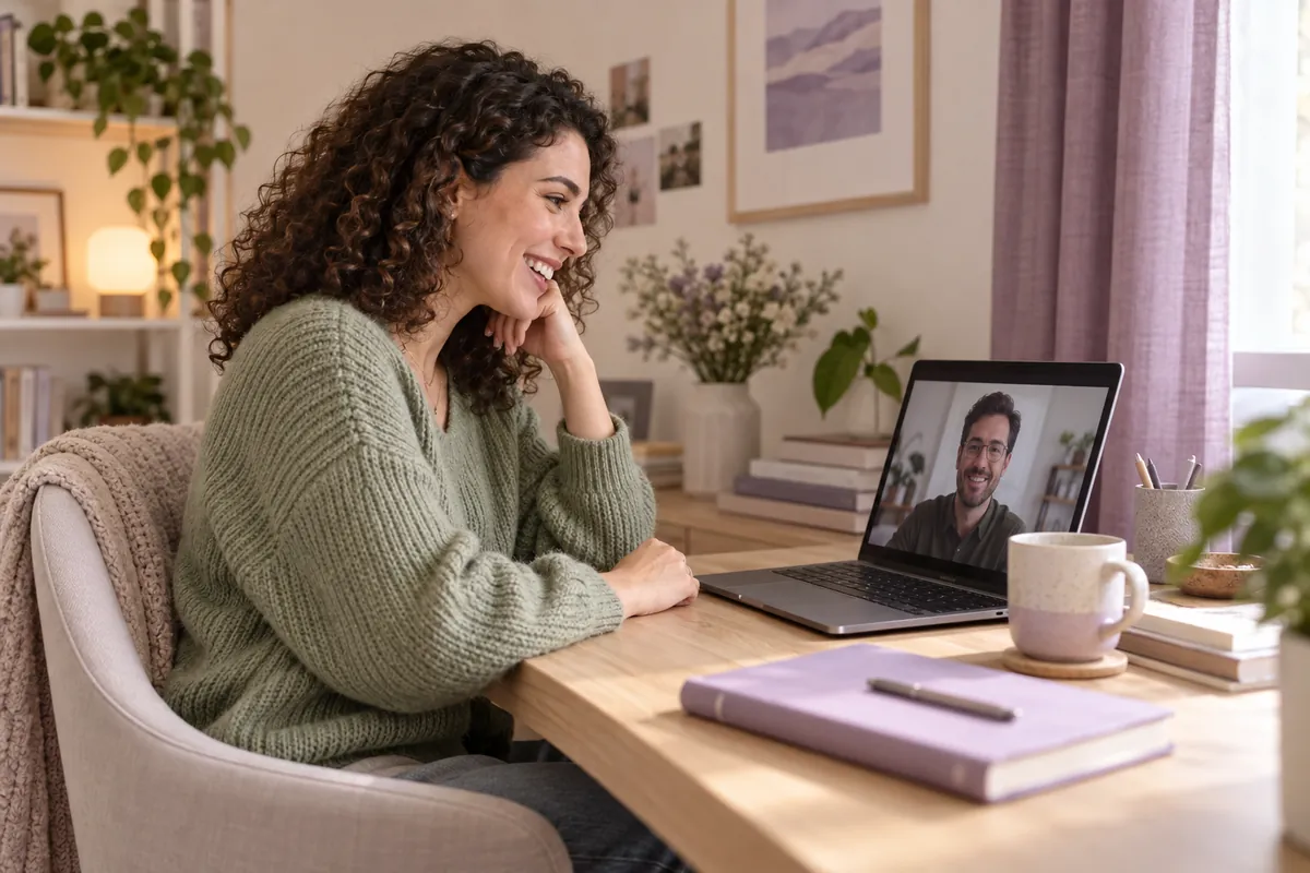 A woman speaking with a remote colleague on a laptop video call.