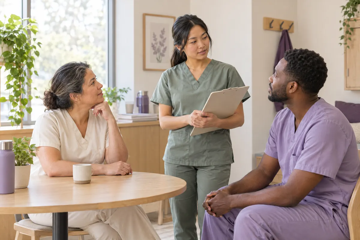 Three healthcare coworkers discussing a clipboard in a bright staff break room.