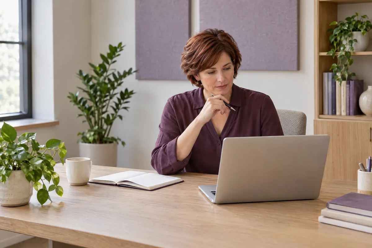 An HR professional thoughtfully reviewing her laptop beside an open notebook.