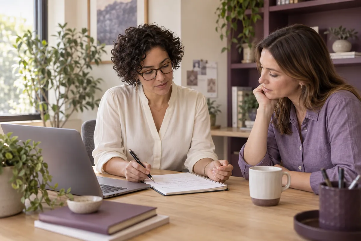 Two colleagues discussing handwritten notes beside a laptop.