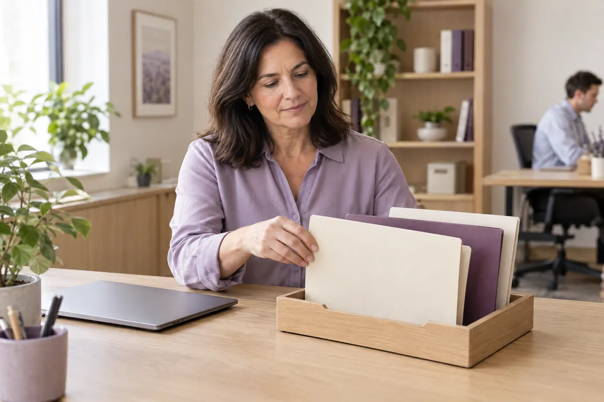 An HR professional organizing plain folders in a wooden desktop tray.