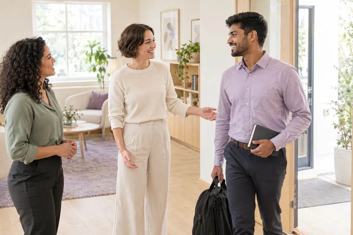 Two colleagues welcoming a new teammate at a bright office entrance.