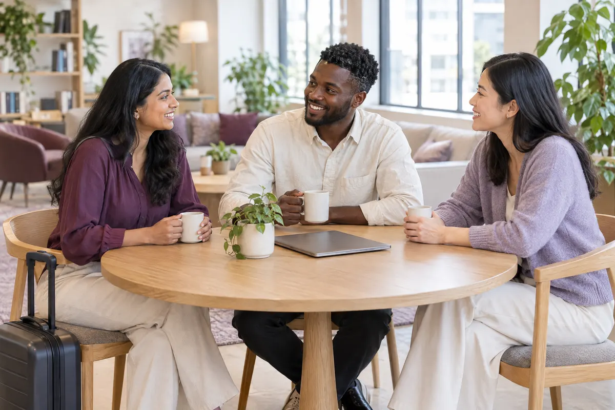 Three colleagues sharing a welcome conversation in a bright office lounge.