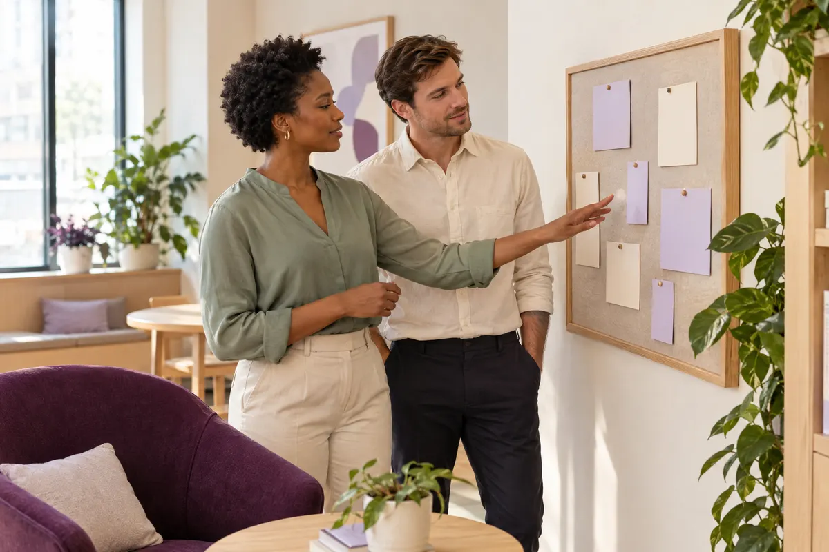 Two colleagues discussing a planning board in a bright office.
