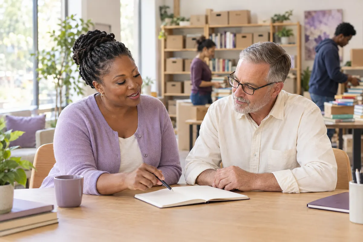 Two colleagues reviewing a notebook in a community center while volunteers organize books.