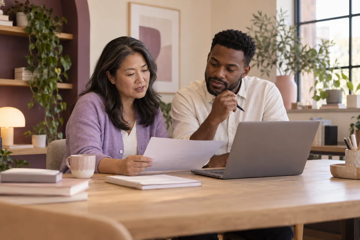Two colleagues reviewing documents beside a laptop in a bright office.