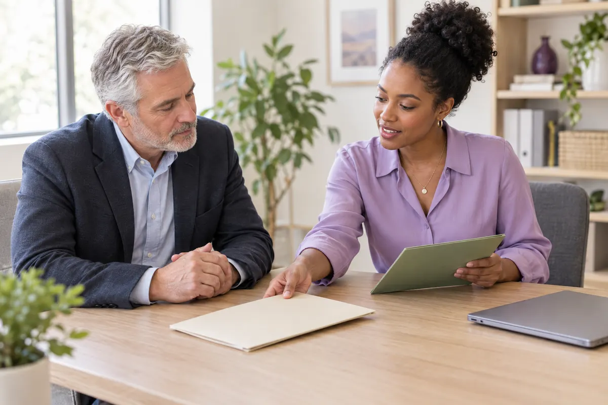 Two colleagues discussing a handoff of folders at an office desk.