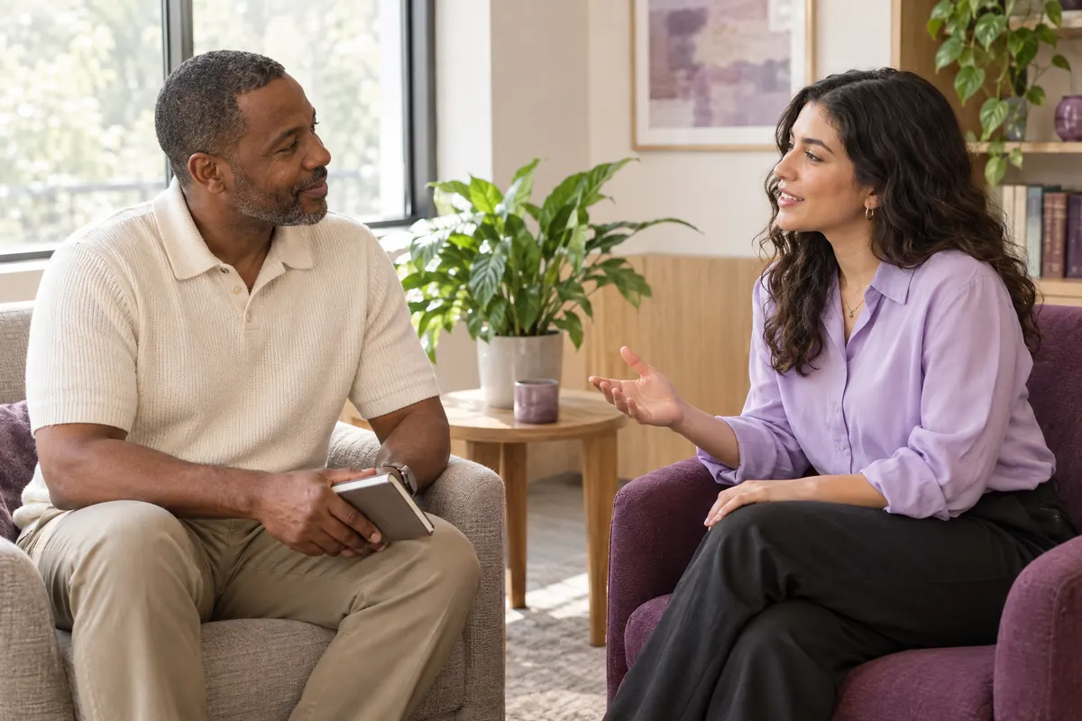 Two colleagues having a focused development conversation in a bright office nook.