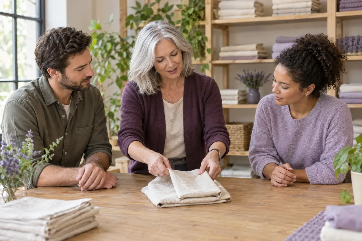 A trainer demonstrating how to fold linen while two colleagues watch.