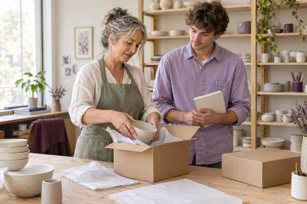A colleague demonstrating how to package a ceramic bowl while another observes with a notebook.