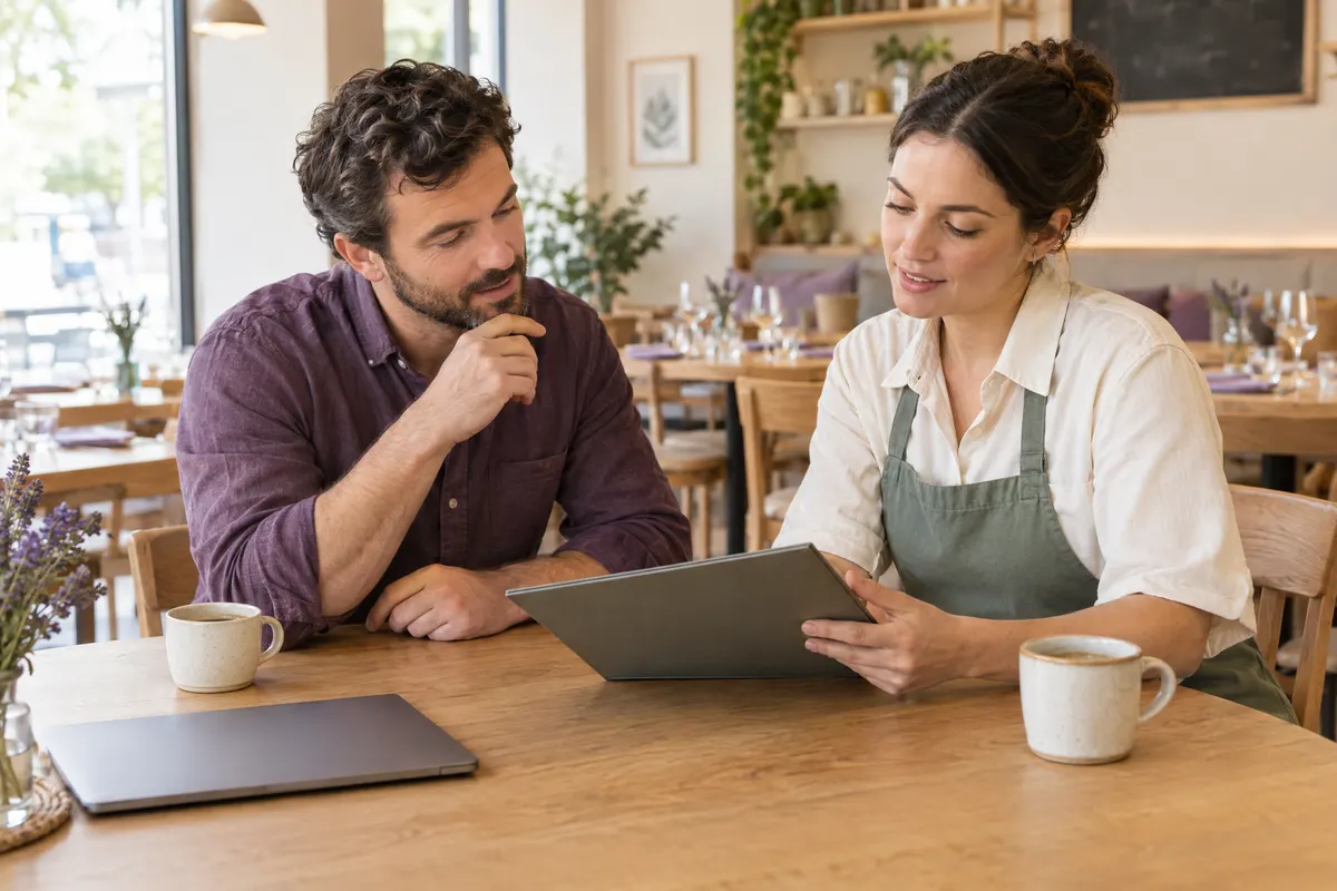 Two restaurant managers discussing a folder at a table before opening.