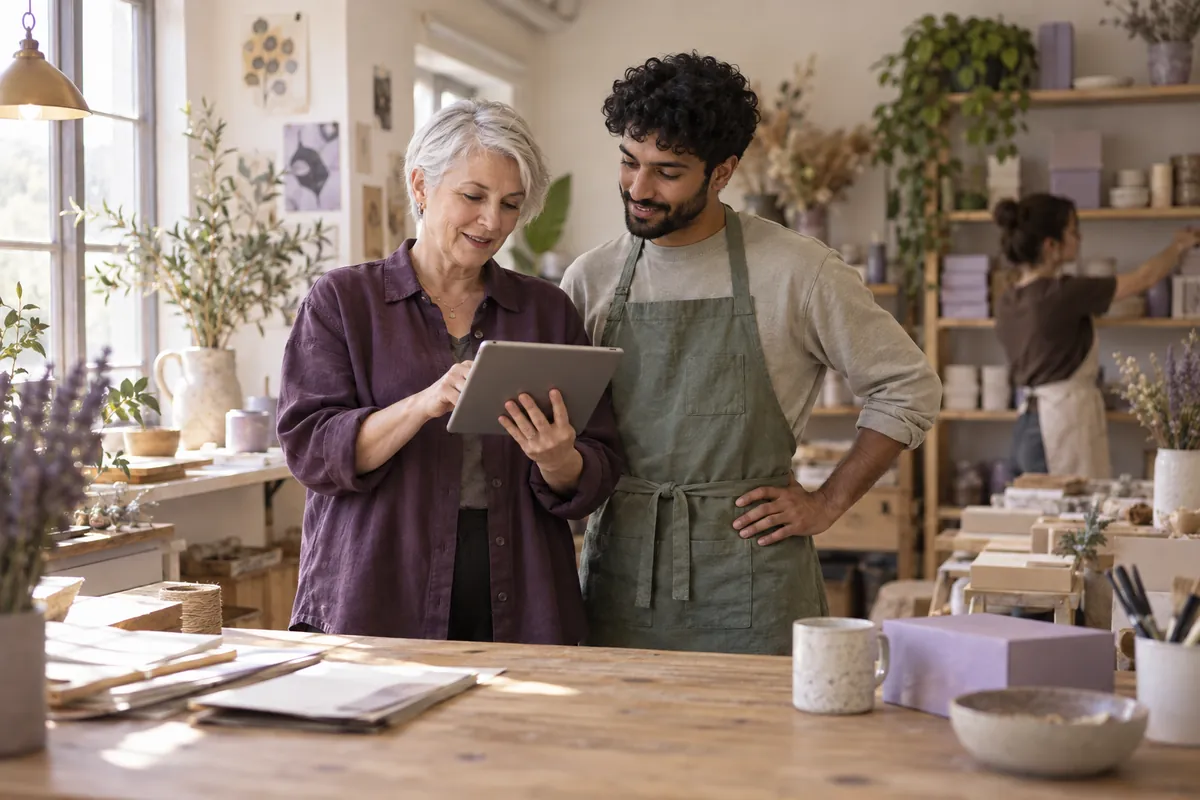 Two colleagues reviewing a tablet together in a retail studio.