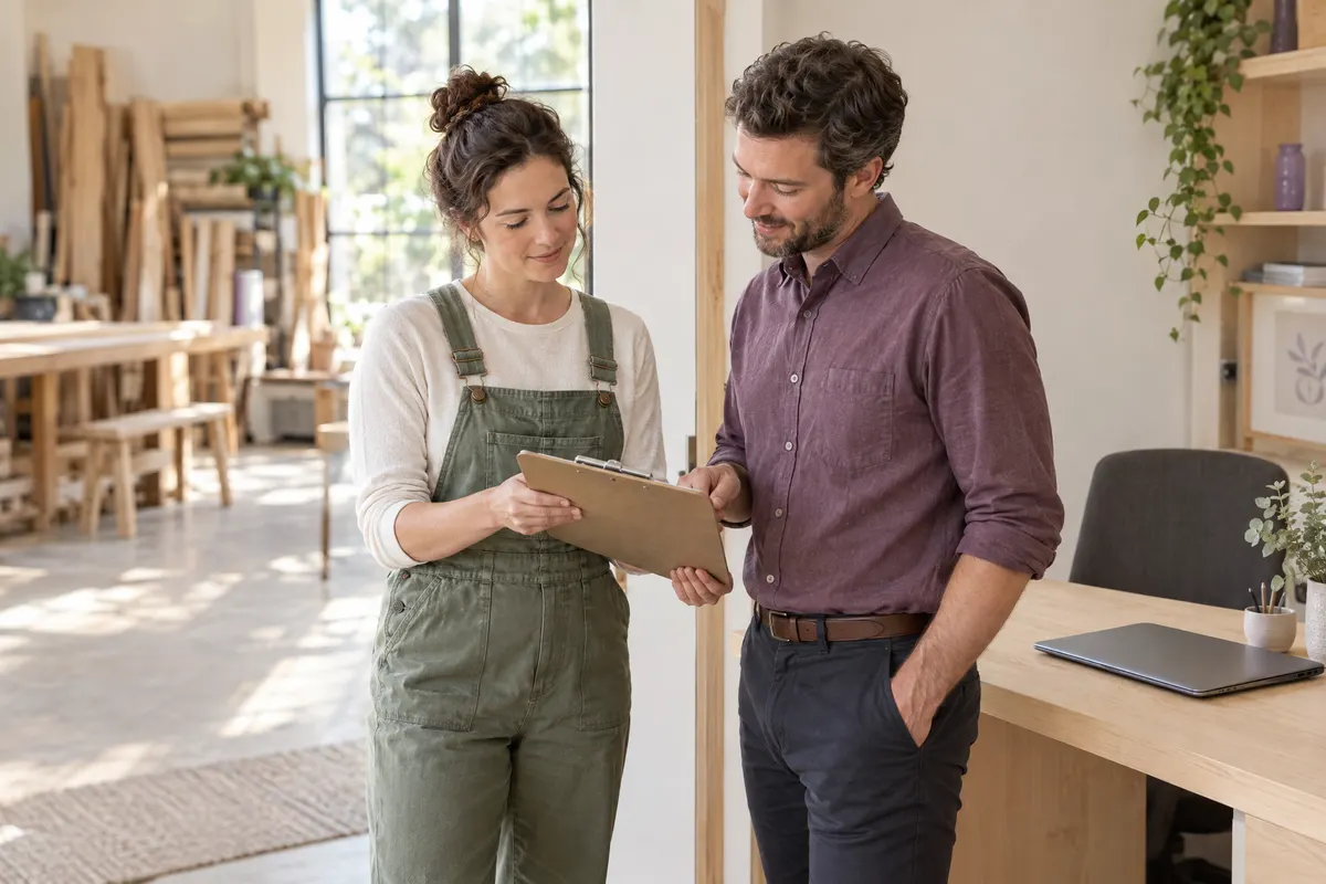 A workshop supervisor and office colleague reviewing a clipboard together.