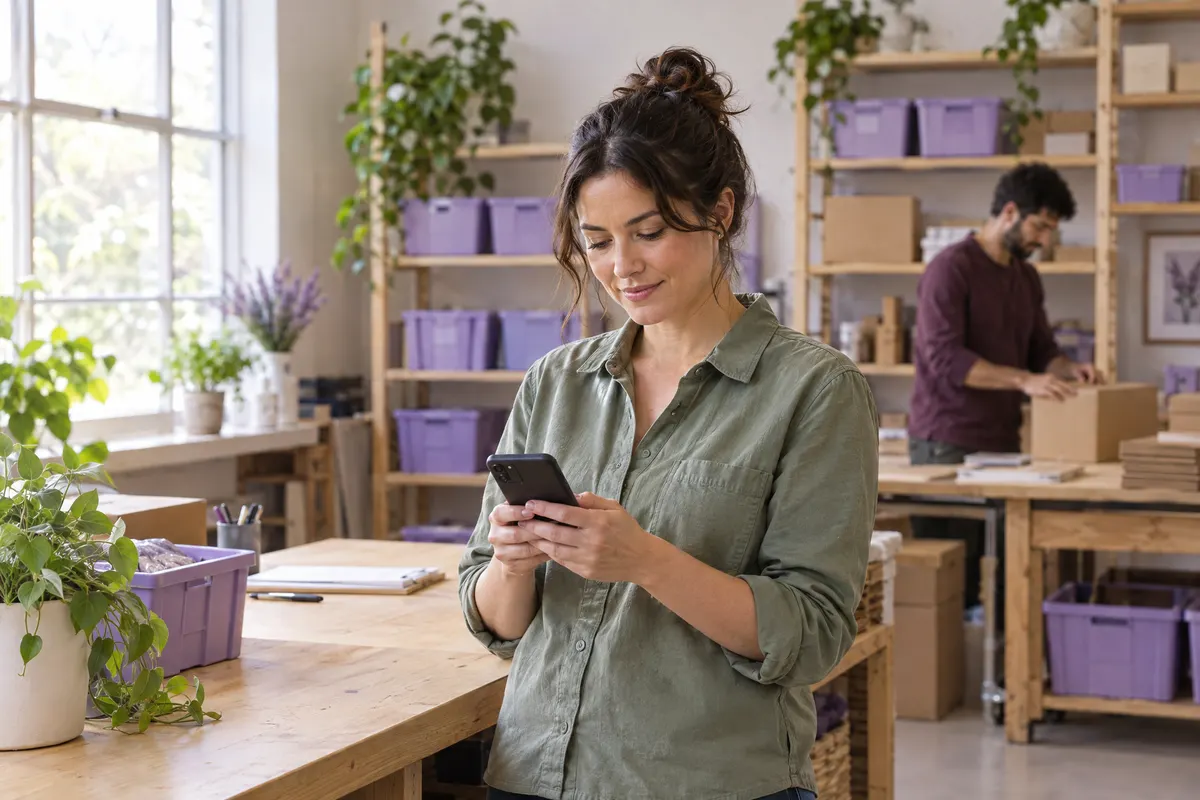 A team member checking her phone at a tidy workshop before starting work.